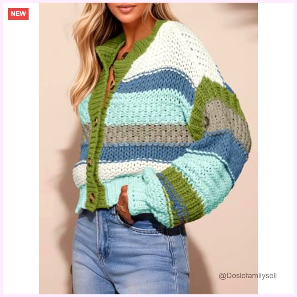 Chunky Knit Cardigan, Oversized Fit, Button Front, Long Sleeve, Striped Sweater - Picture 4 of 7